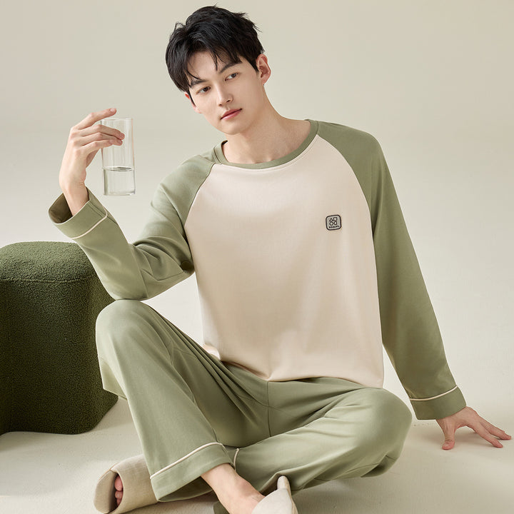 Herren-Pyjama-Set, 100% Baumwolle, Langarm, modern