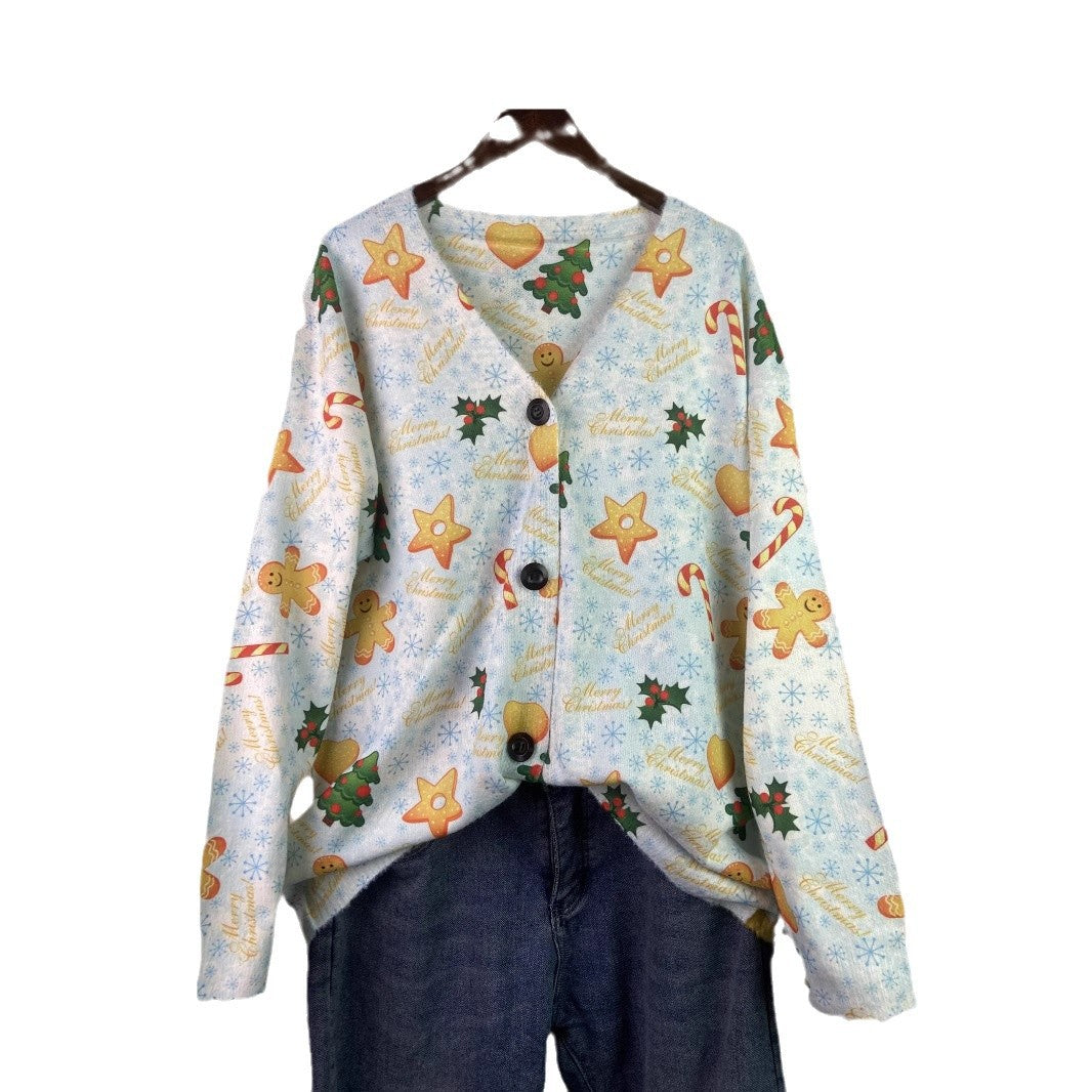 Festliche Strickjacke mit Weihnachtsmotiven, V-Ausschnitt