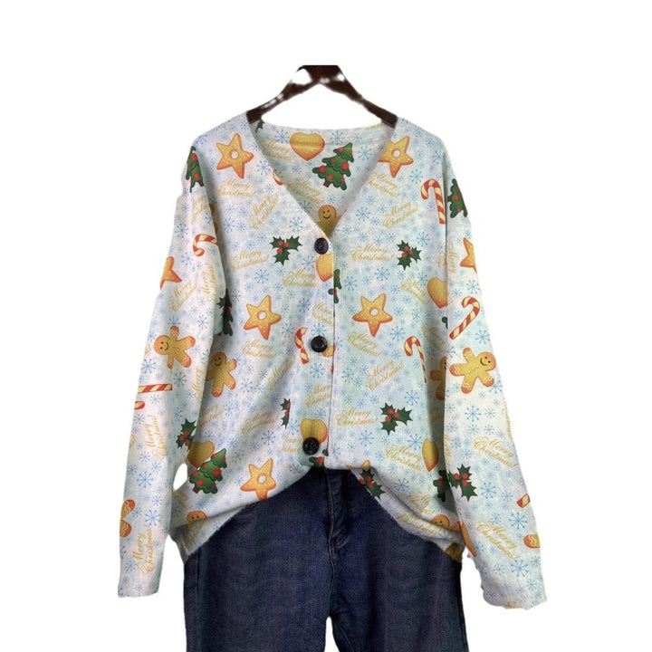 Festliche Strickjacke mit Weihnachtsmotiven, V-Ausschnitt