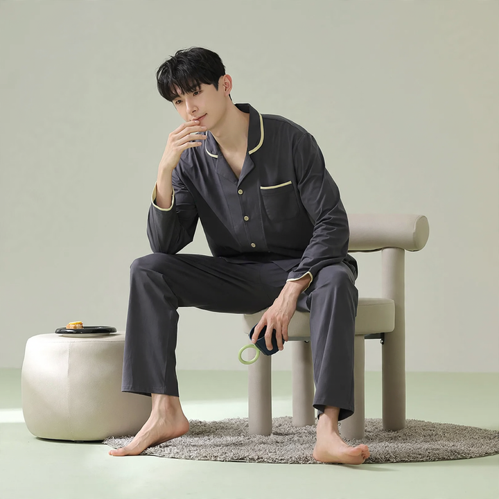 Herren-Pyjama-Set aus Baumwolle, langärmelig, antibakteriell