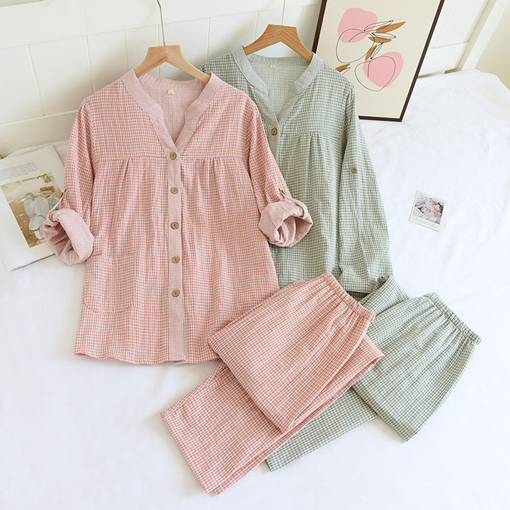 Damen-Pyjama-Set aus Baumwoll-Doppelgaze im Karomuster