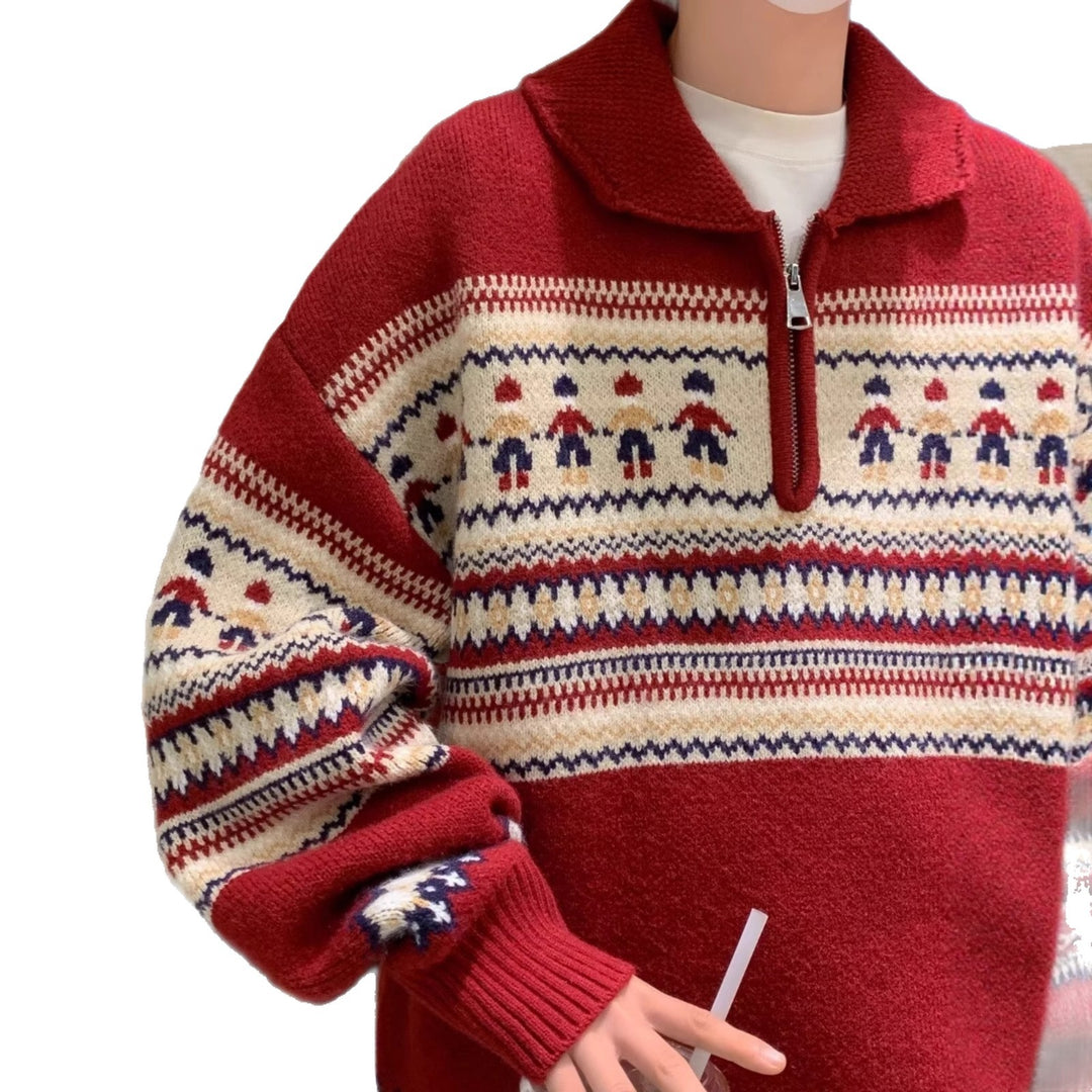 Weihnachts-Strickpullover, Polo-Kragen, Vintage-Stil