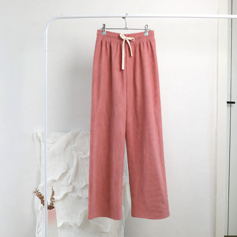 Damen-Cordhose mit weitem Bein, hoher Taille und Kordelzug