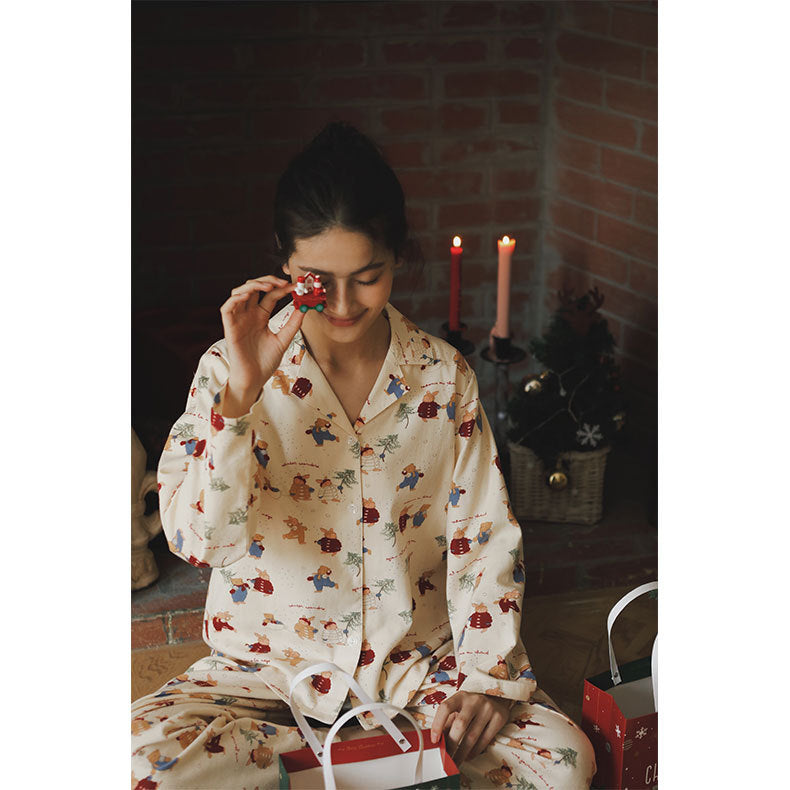 Damen-Pyjama-Set, Baumwolle, gebürstet, Weihnachts-Hasen-Druck