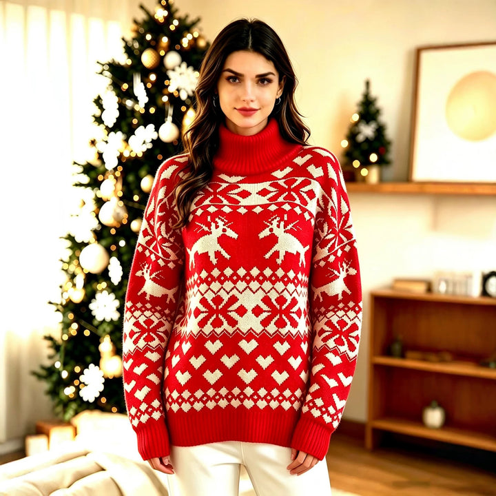 Roter Damen-Weihnachtspullover mit Rentier-Jacquard