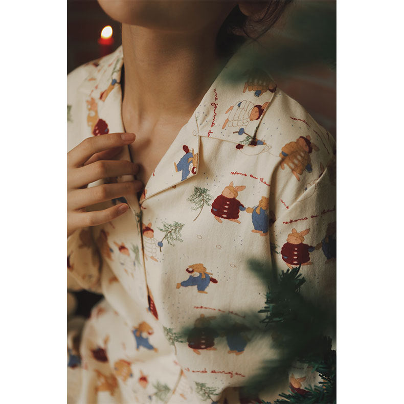 Damen-Pyjama-Set, Baumwolle, gebürstet, Weihnachts-Hasen-Druck