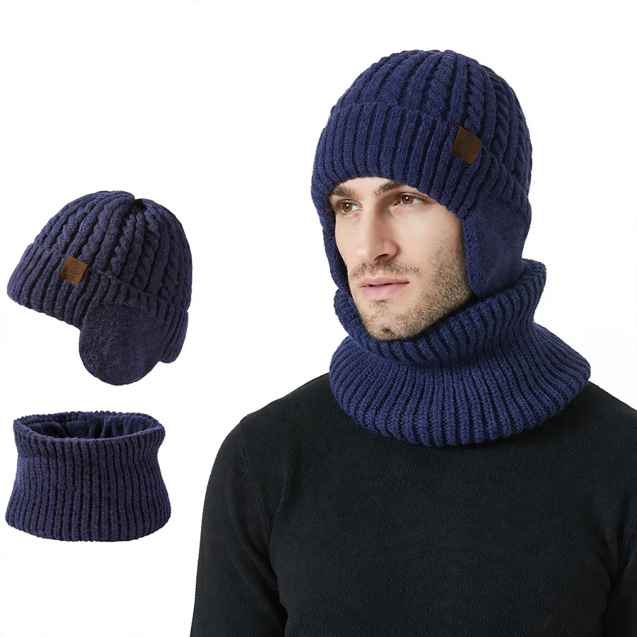 Unisex Strickmütze und Schal Set, warm, mit Ohrenschutz