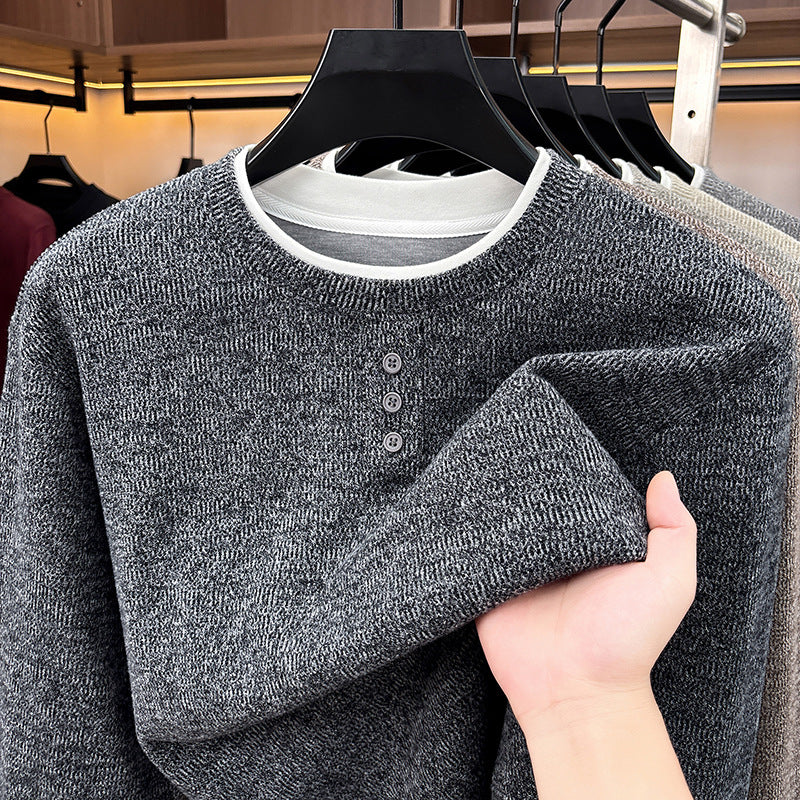 Herren-Strickpullover, Rundhalsausschnitt, Langarm, Fake-Layer-Optik