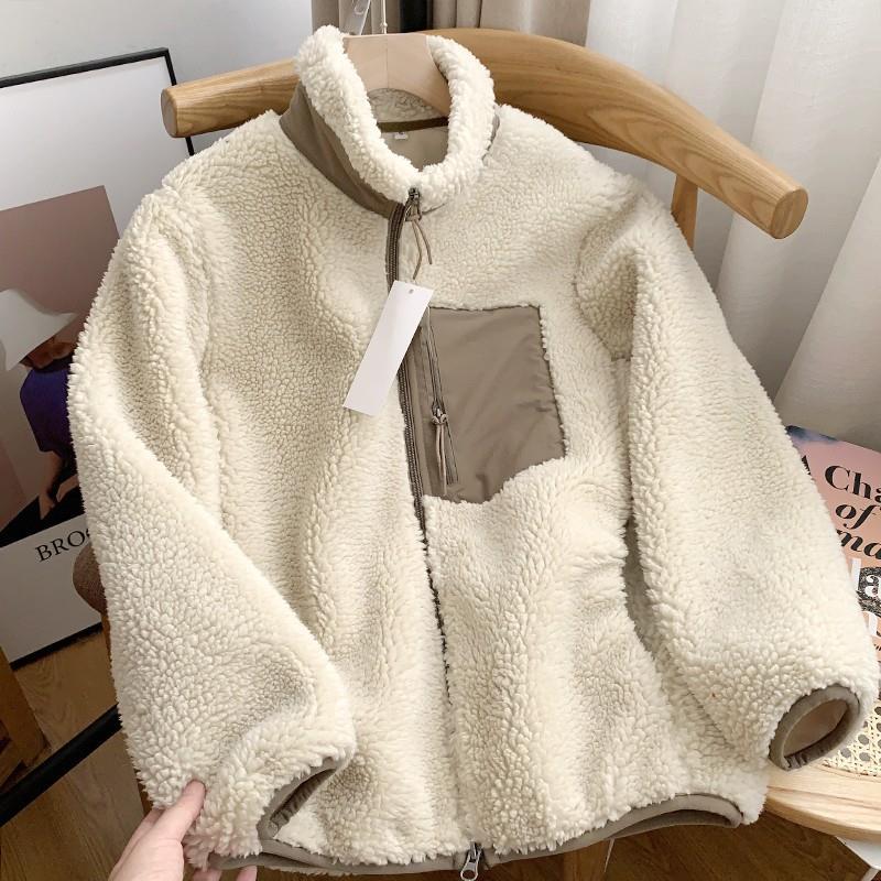 Winddichte Lammfell-Imitat Jacke mit Stehkragen