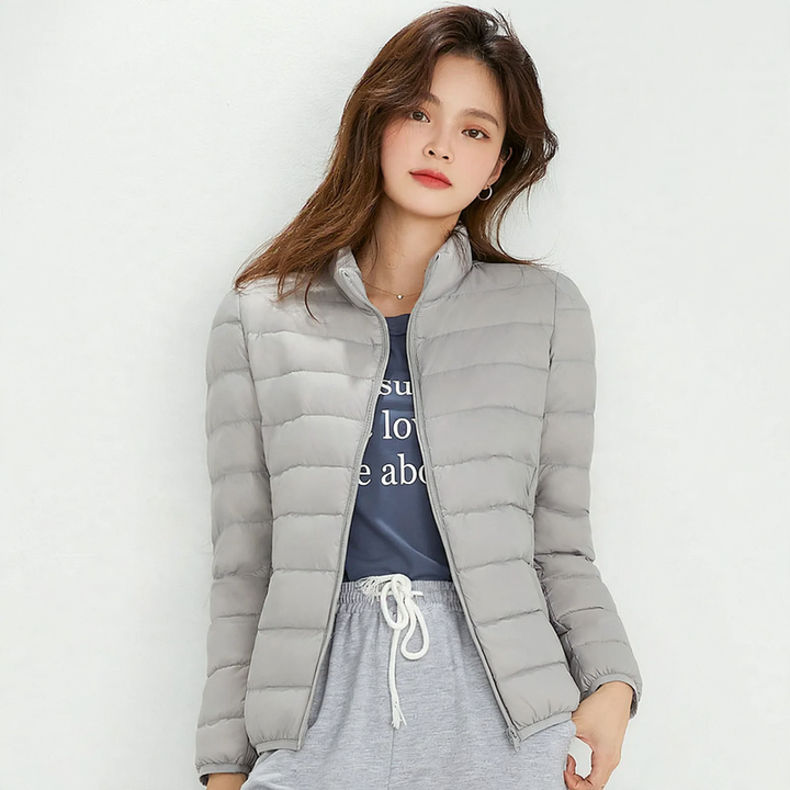 Leichte Daunenjacke für Damen, Stehkragen, weiß, Entendaune