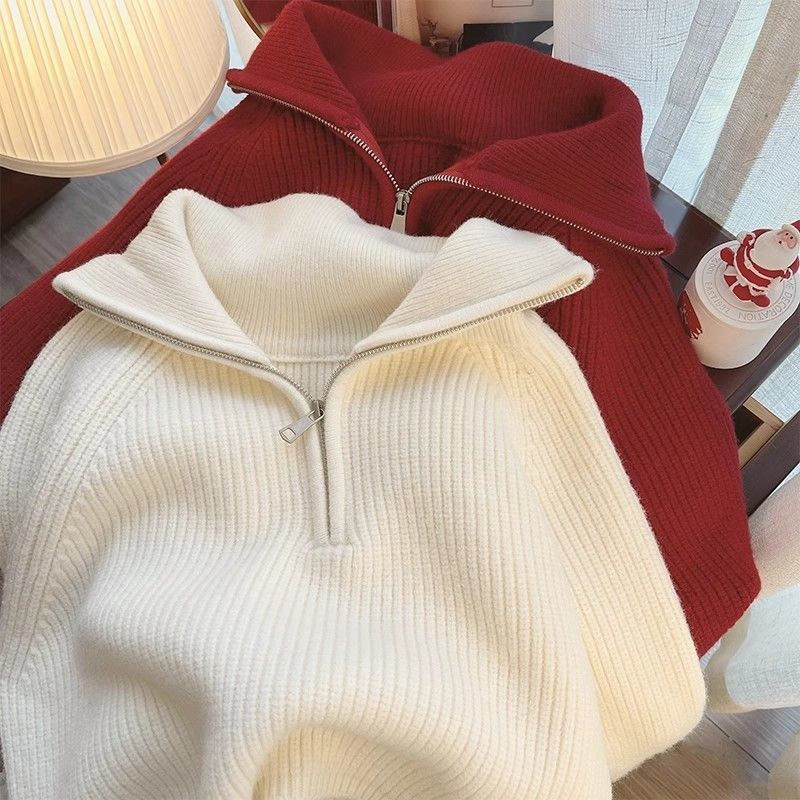 Lockerer Strickpullover mit Reißverschluss und Umlegekragen