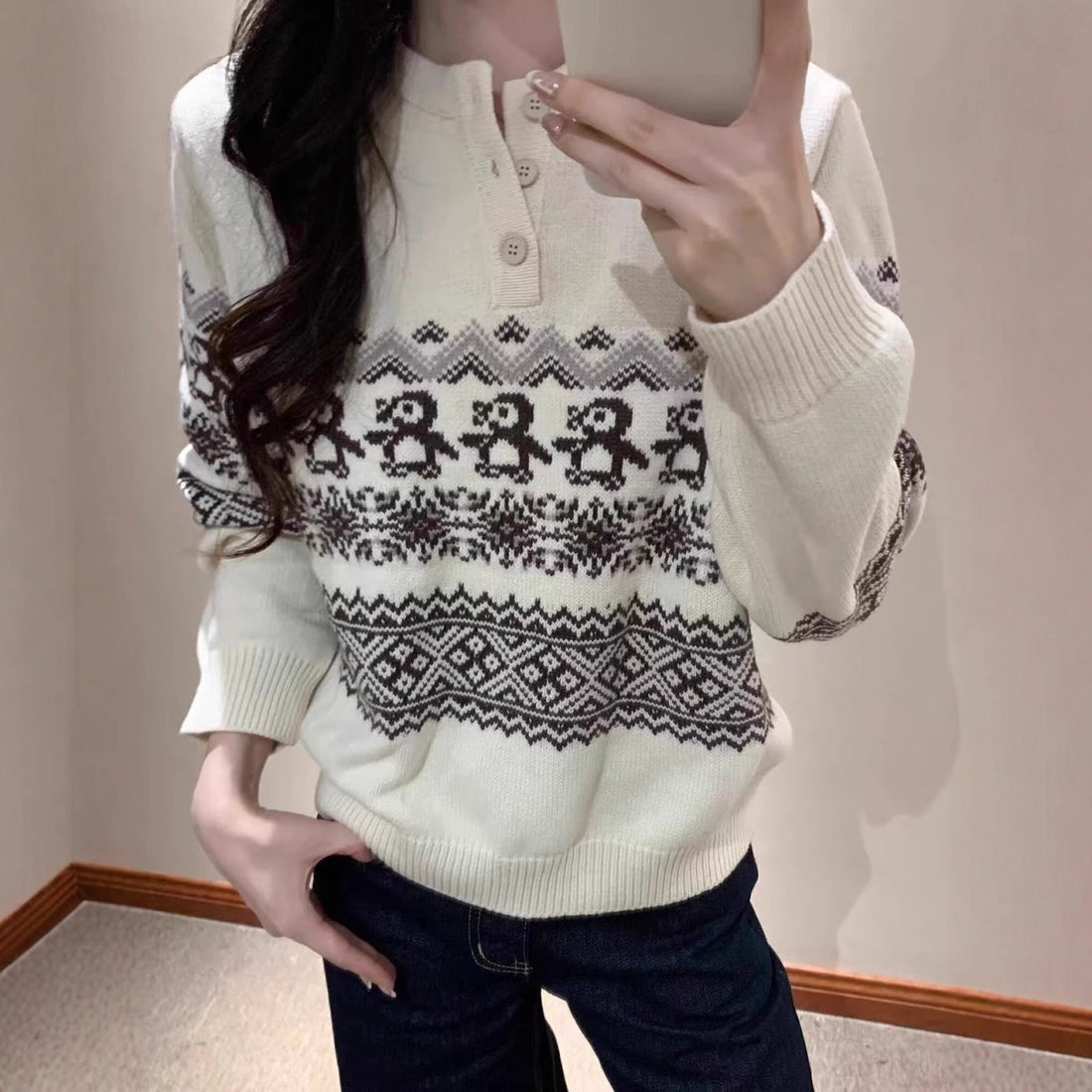 Unisex-Strickpullover mit Fair-Isle-Muster und Knopfleiste