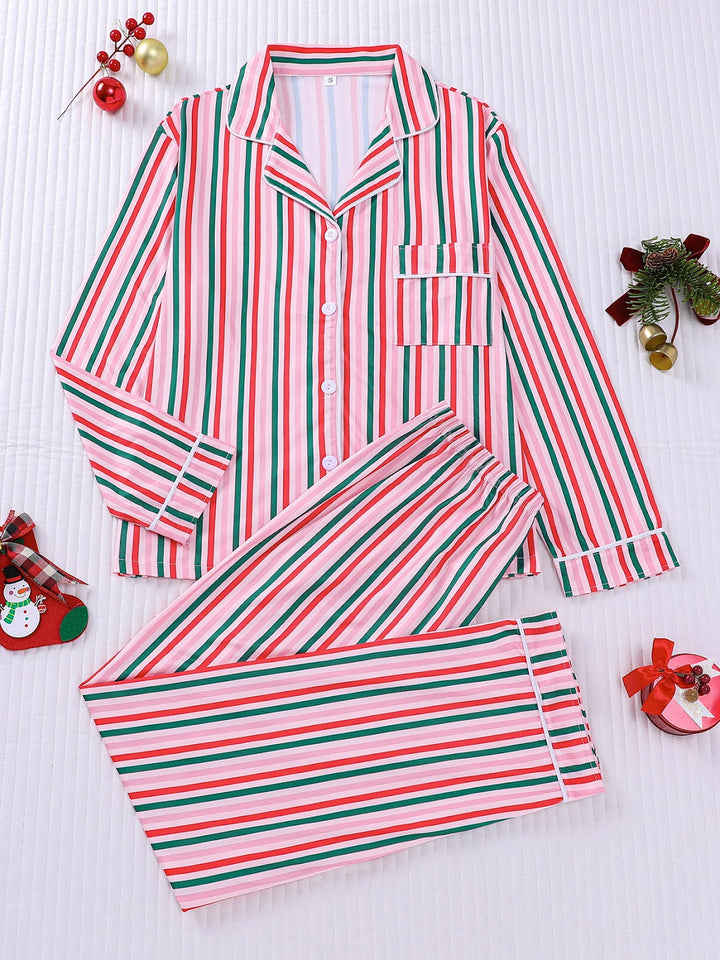 Damen-Pyjama-Set, gestreift, Weihnachtsbaum-Druck, Reverskragen