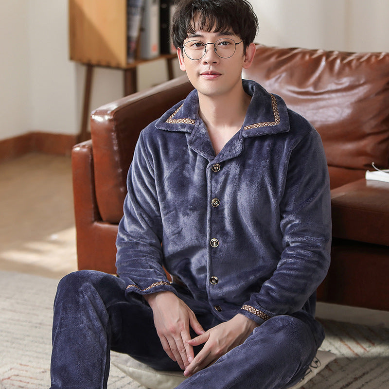 Herren-Pyjama-Set aus Flanell, bestickt, schlicht