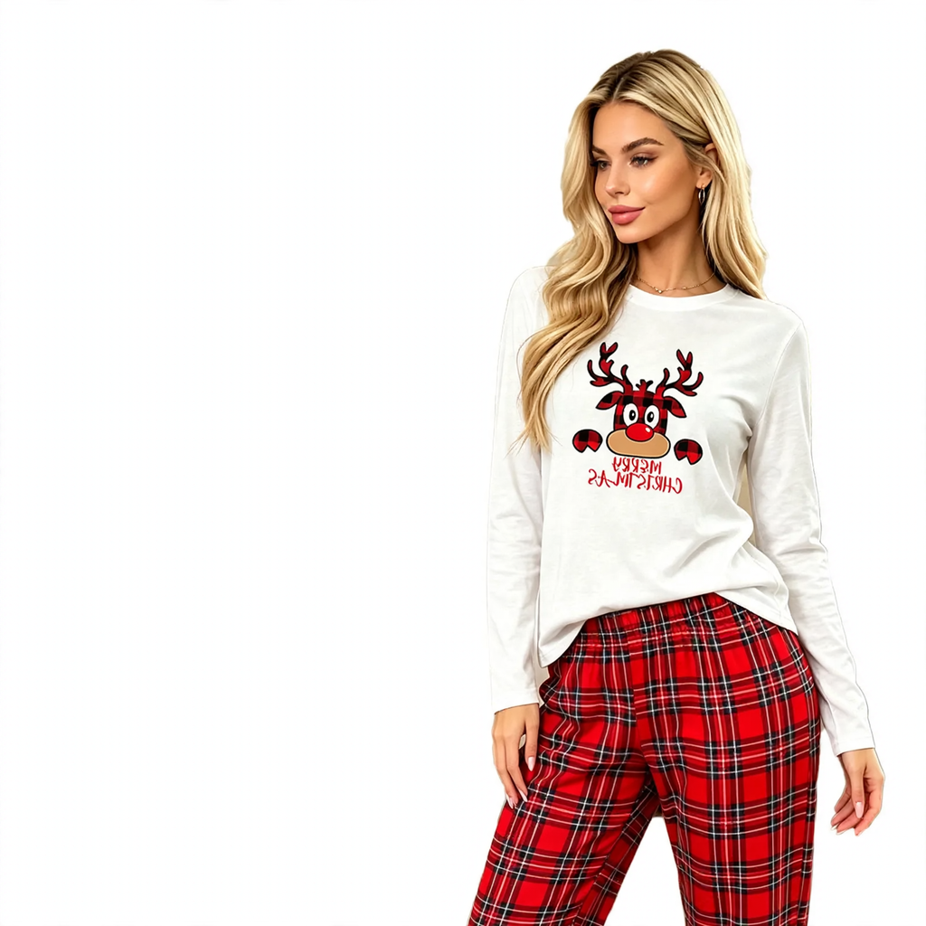 Damen-Pyjama-Set, Langarm, Karierte Hose, Weihnachtsmotiv