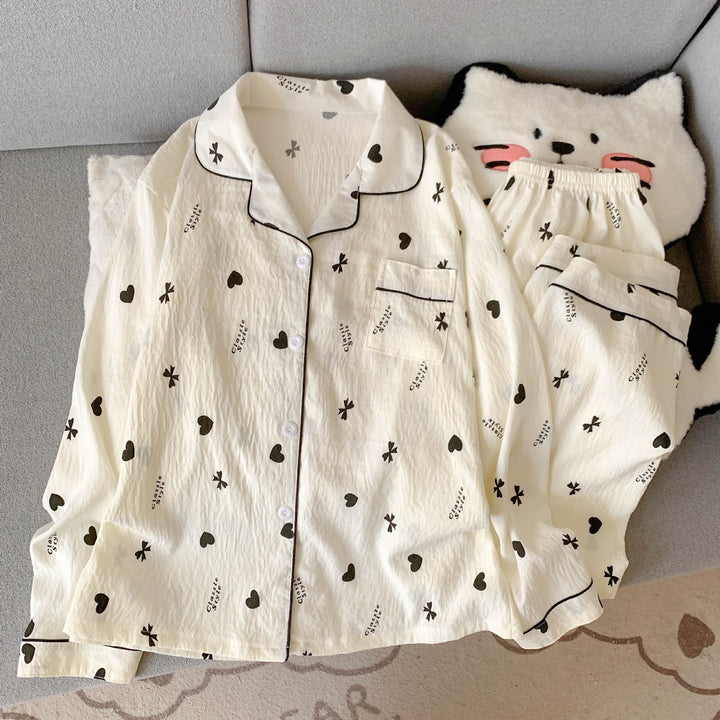 Damen-Pyjama-Set, langärmelig, mit Knopfleiste, Cartoon-Stil