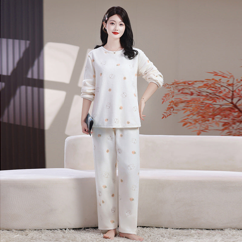 Damen-Pyjama-Set, Flanell und Korallenfleece, warm und locker