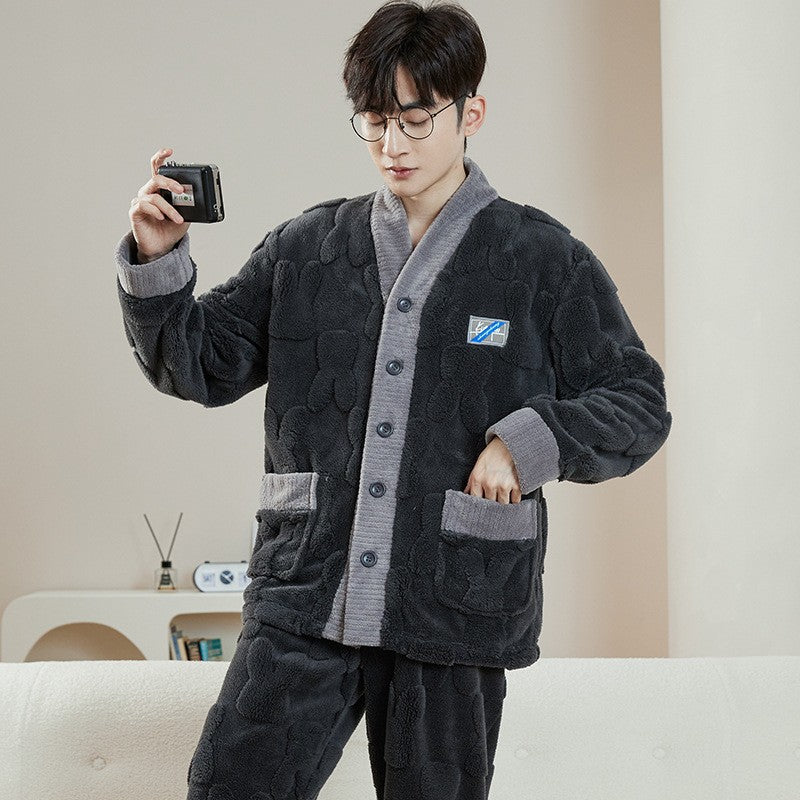 Herren-Pyjama-Set aus Korallenfleece, warm und mit Reißverschluss