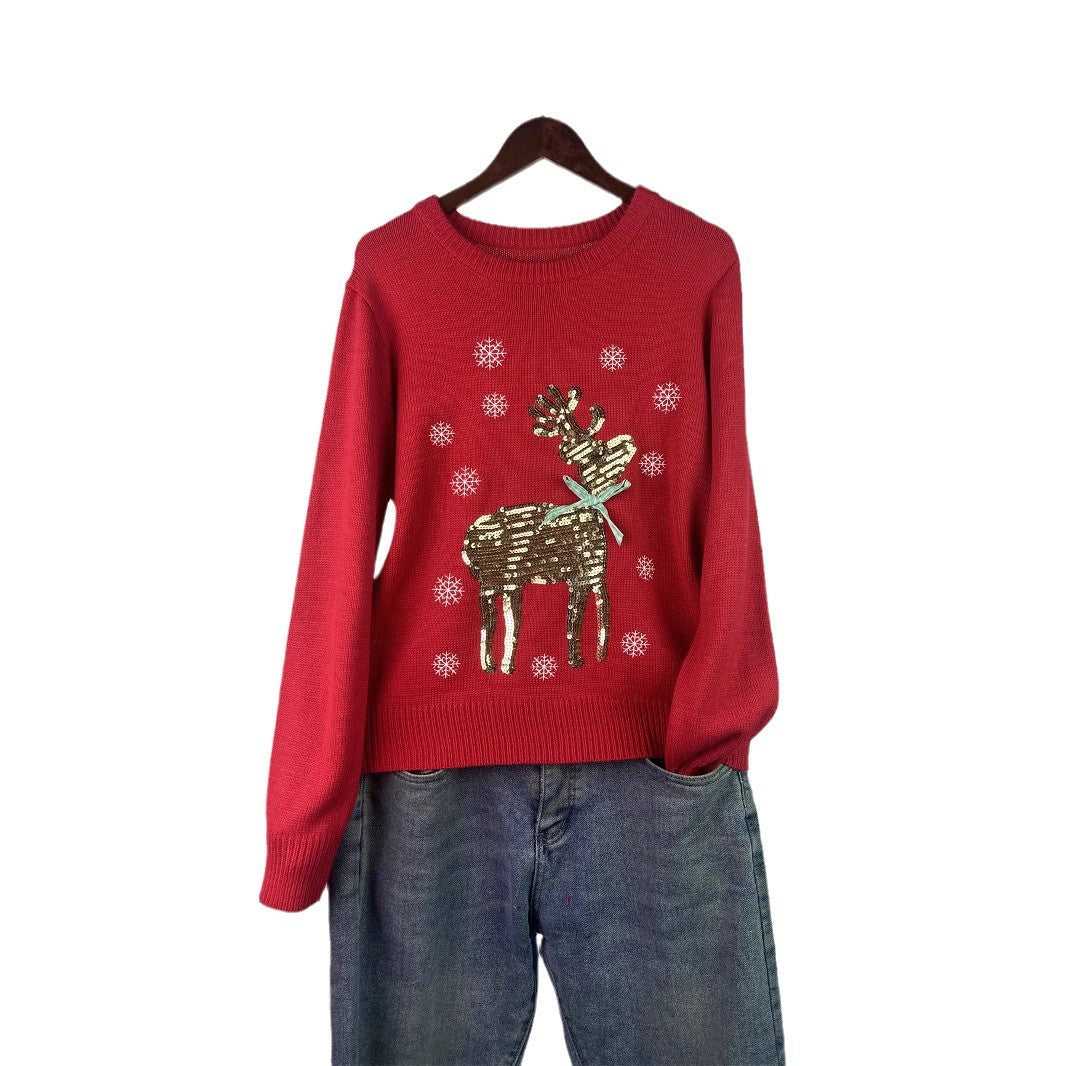 Damen-Weihnachtspullover mit Rentier-Stickerei und Pailletten