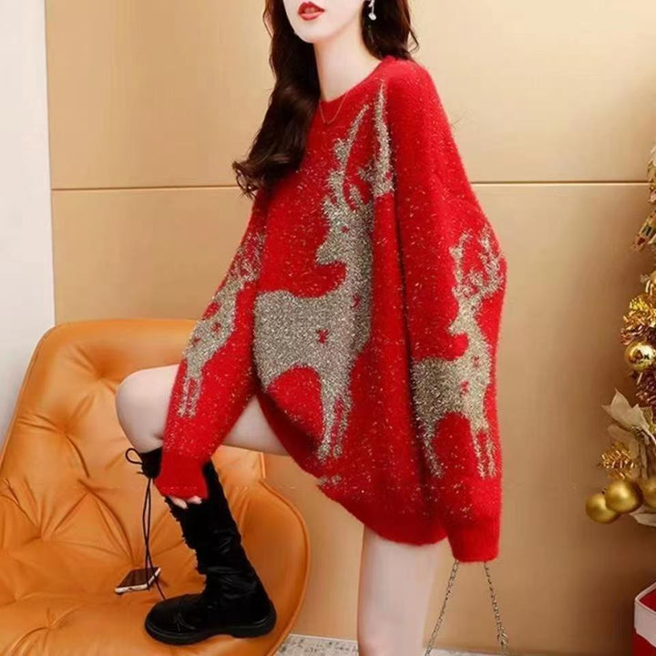 Damen-Strickpullover mit Weihnachtsmotiv, locker geschnitten