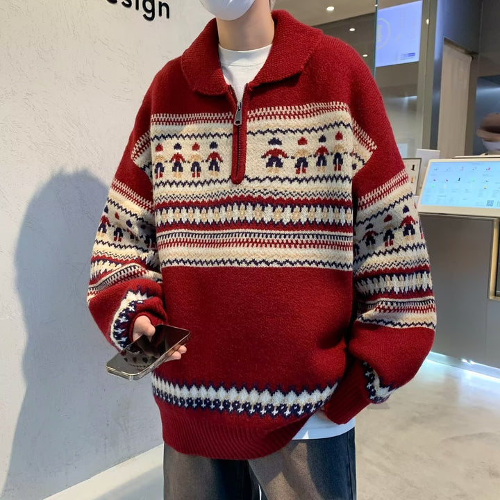 Herren-Strickpullover, Polo-Kragen, halber Reißverschluss