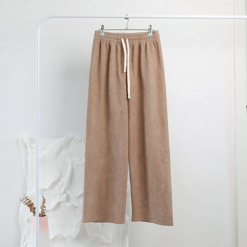 Damen-Cordhose mit weitem Bein, hoher Taille und Kordelzug