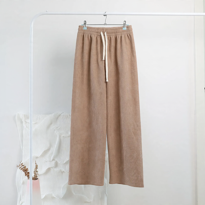 Damen-Cordhose mit weitem Bein, hoher Taille und Kordelzug