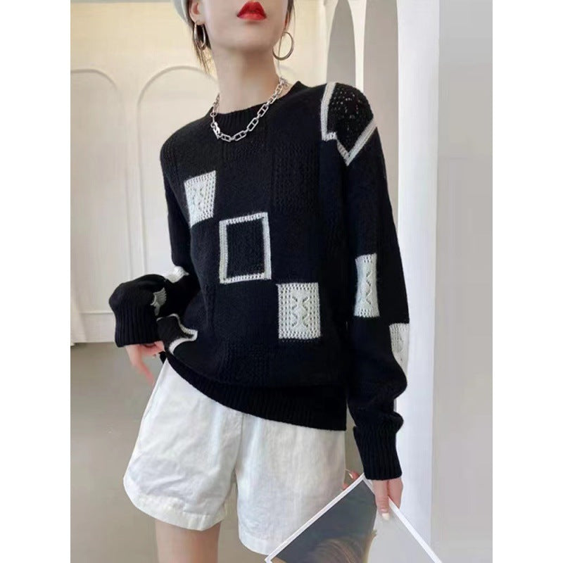 Damen-Strickpullover, kariert, Rundhalsausschnitt
