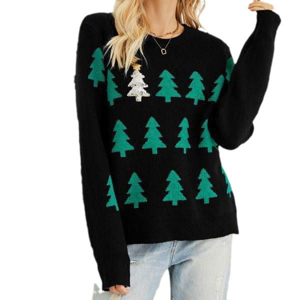 Damen-Weihnachtspullover mit Tannenbaum-Jacquard