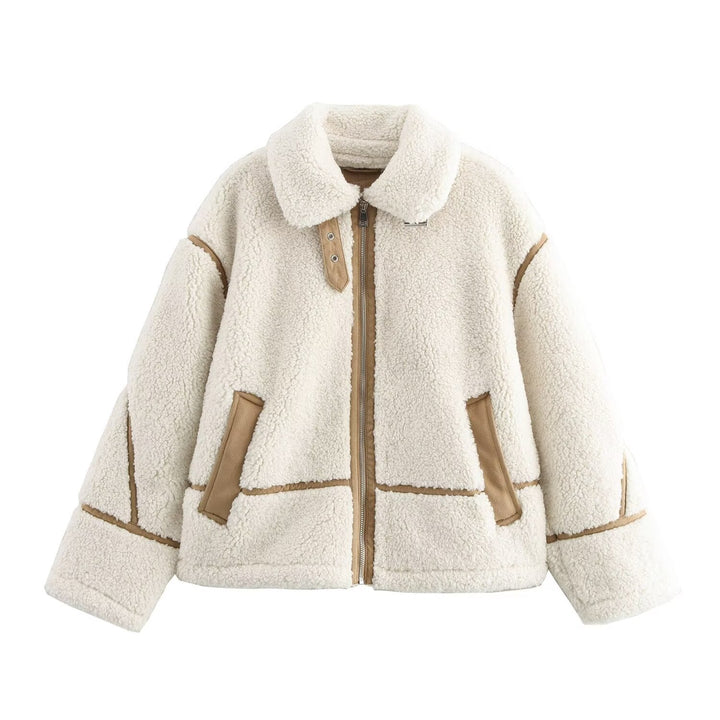 Modische Patchwork-Jacke mit Lammfell-Optik