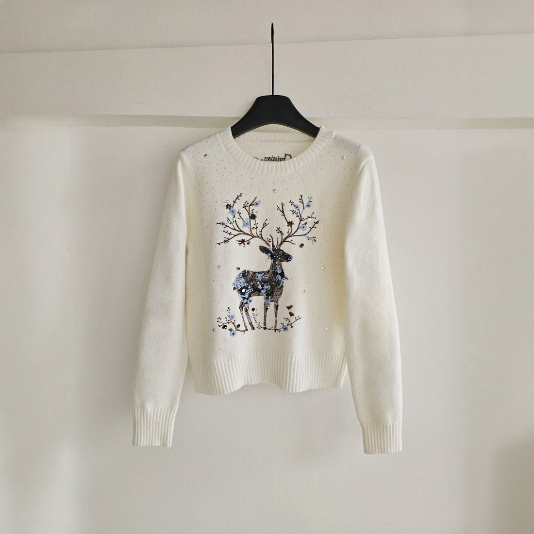 Strickpullover mit Rentier-Stickerei und Pailletten