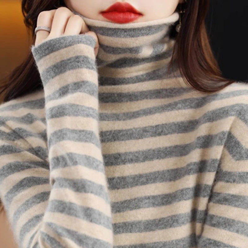 Damen-Strickpullover, gestreift, Stehkragen