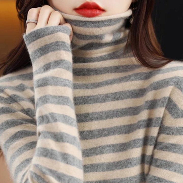 Damen-Strickpullover, gestreift, Stehkragen