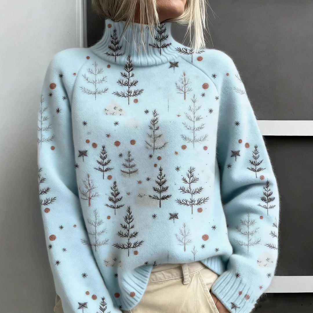 Lockerer Damen-Pullover mit Rollkragen und Weihnachts-Print