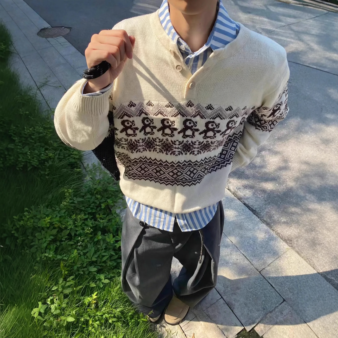 Unisex-Strickpullover mit Fair-Isle-Muster und Knopfleiste