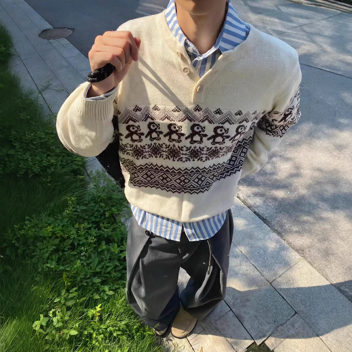 Unisex-Strickpullover mit Fair-Isle-Muster und Knopfleiste