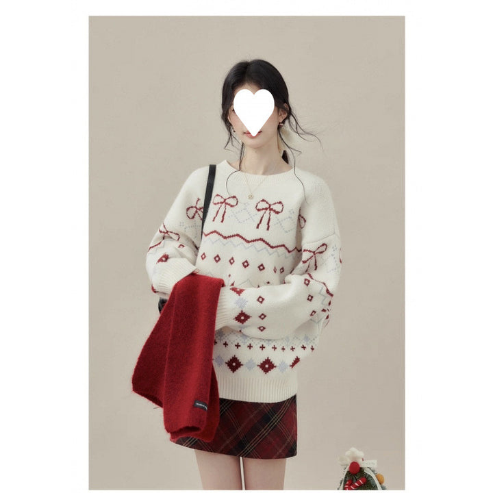 Fair-Isle-Weihnachtspullover mit Schneeflocken und Schleifen