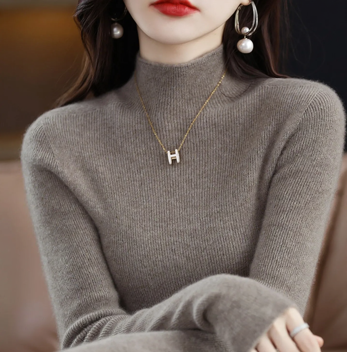 Damen-Kaschmirpullover, halbhoher Kragen, schmal geschnitten
