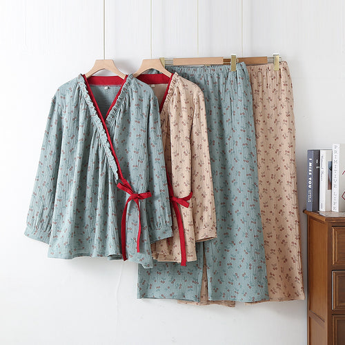 Damen-Pyjama-Set im Kimono-Stil mit Blumenmuster
