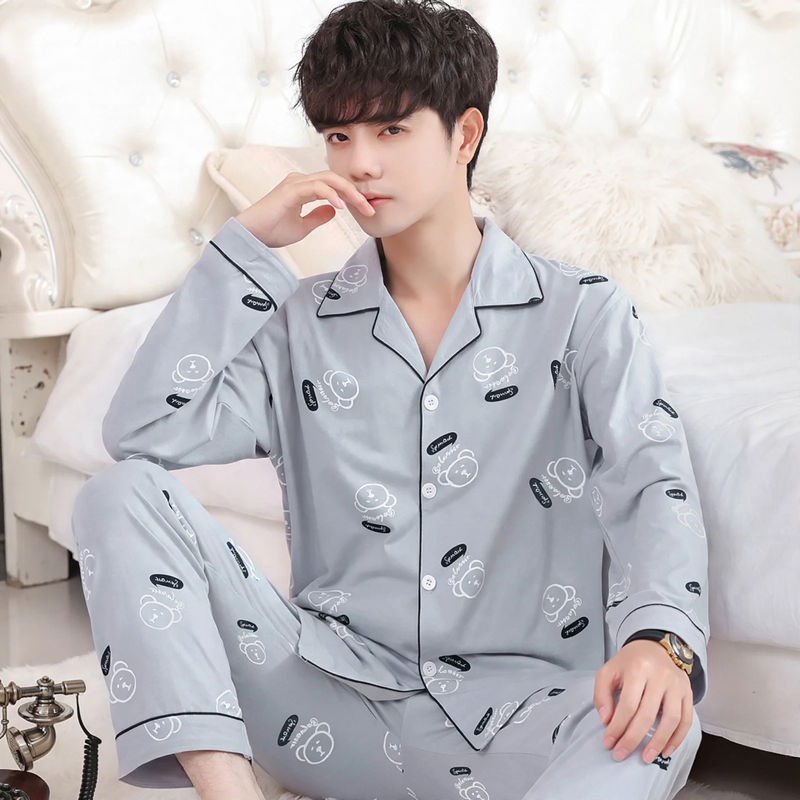 Herren-Pyjama-Set, 100% Baumwolle, langärmelig, geknöpft