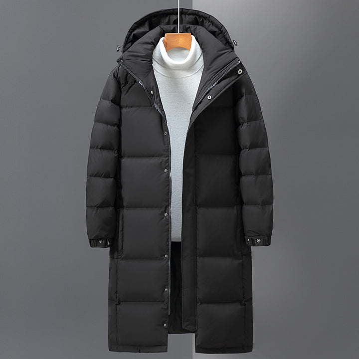 Lange, gefütterte Herren-Daunenjacke mit Kapuze