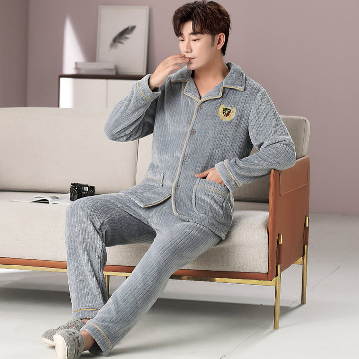 Warmer Herren-Hausanzug, Flanell, College-Stil, gefüttert