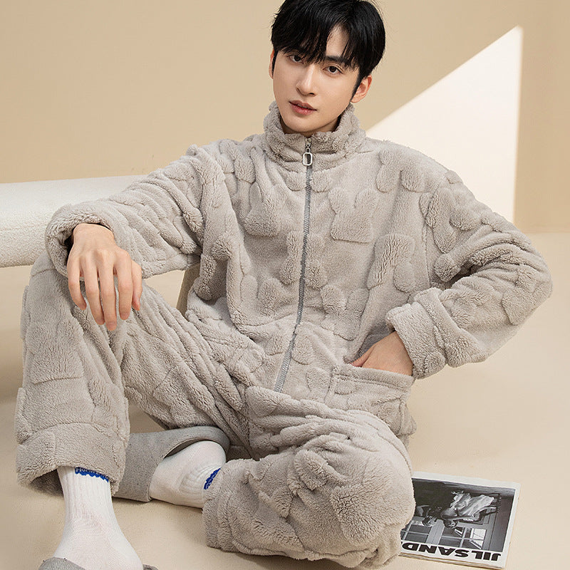 Herren-Pyjama-Set aus Korallenfleece, warm und mit Reißverschluss