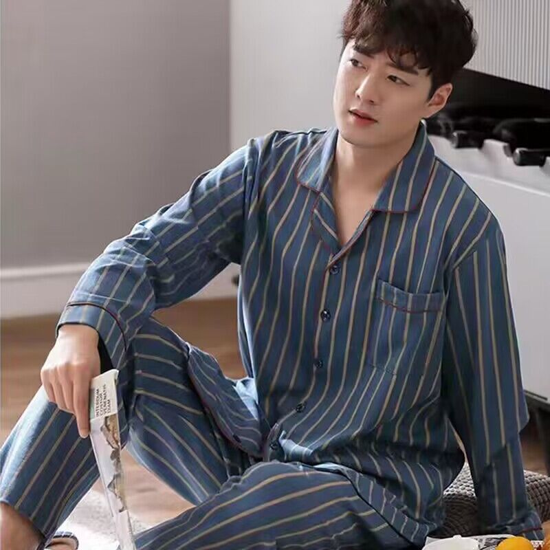 Herren-Pyjama-Set, 100% Baumwolle, langärmelig, geknöpft