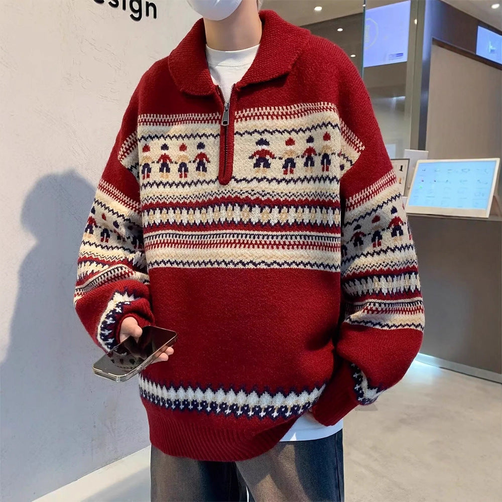 Weihnachts-Strickpullover, Polo-Kragen, Vintage-Stil