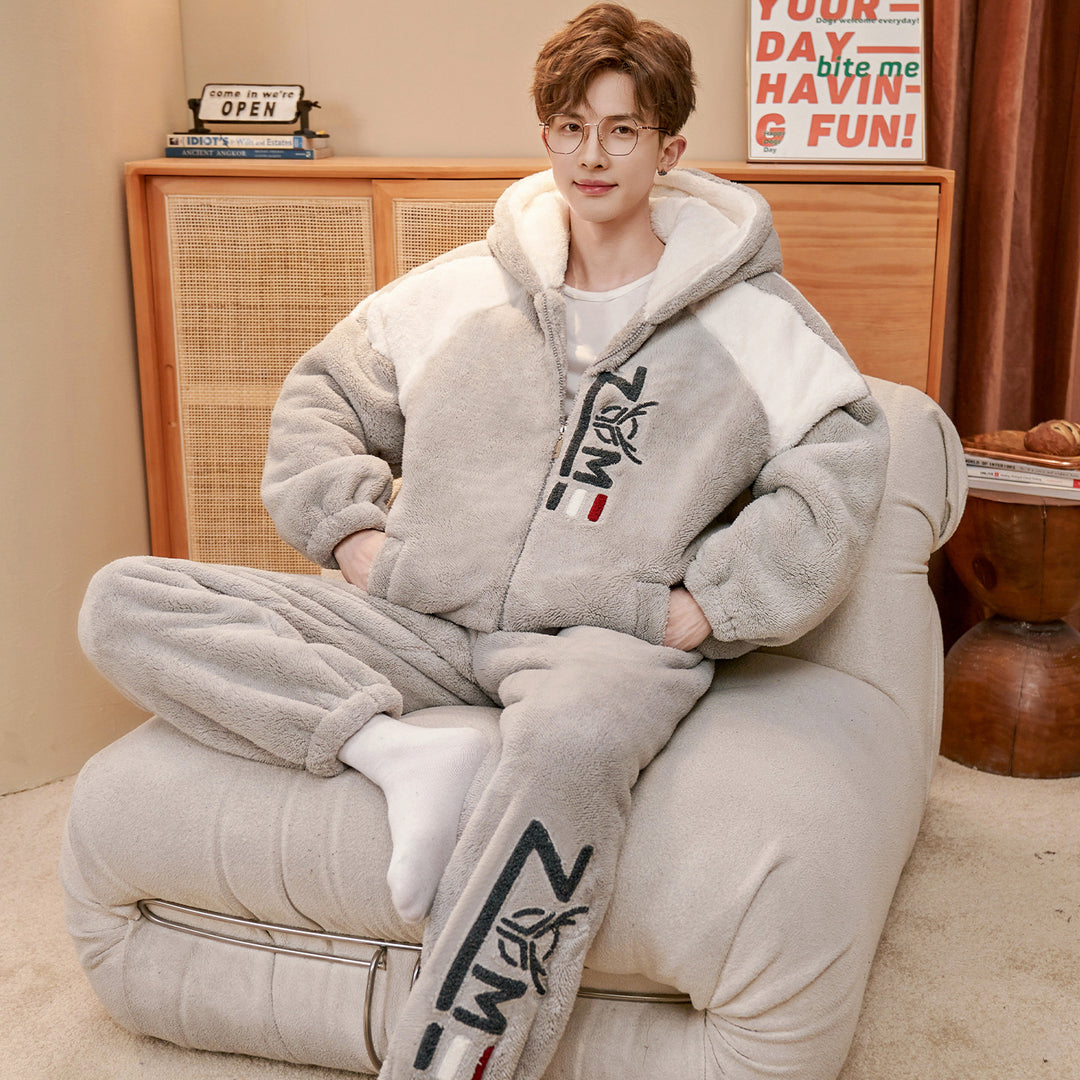 Herren-Pyjama-Set, Korallenfleece, gefüttert, warm