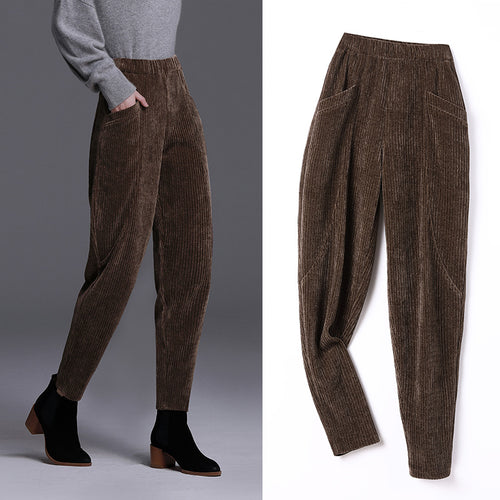 Damen-Cordhose, gefüttert, hoher Bund, Karottenschnitt