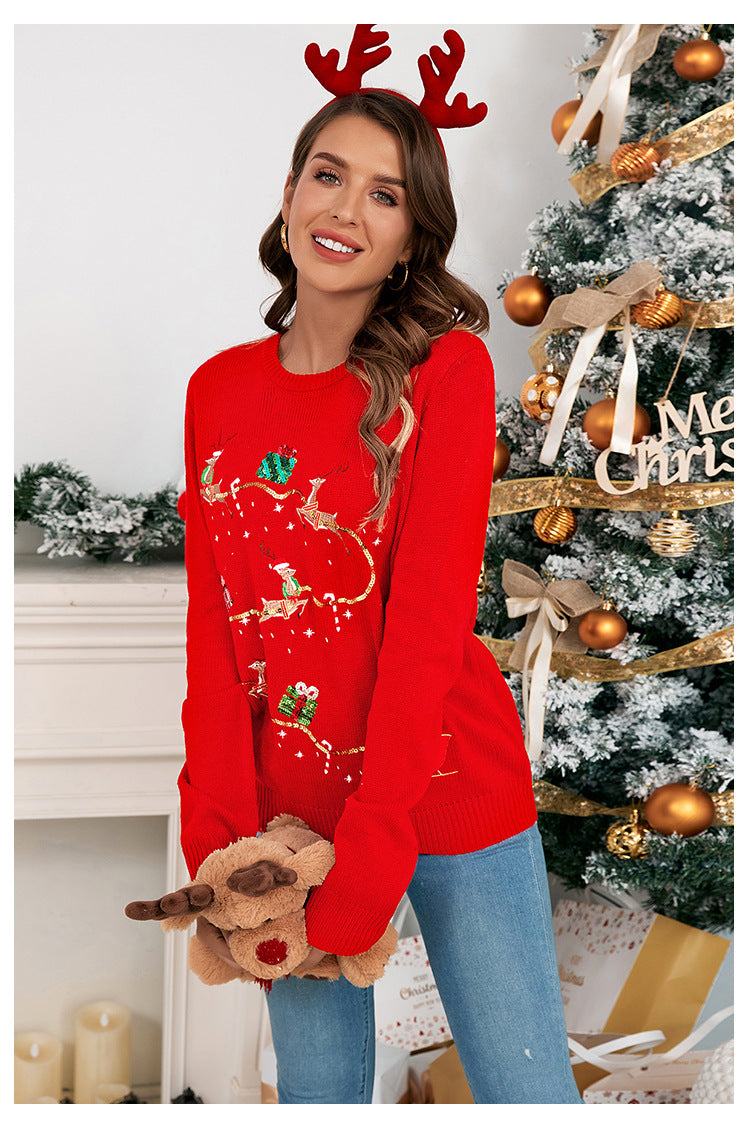 Weihnachtspullover für Damen, lockerer Strick mit Tiermotiv