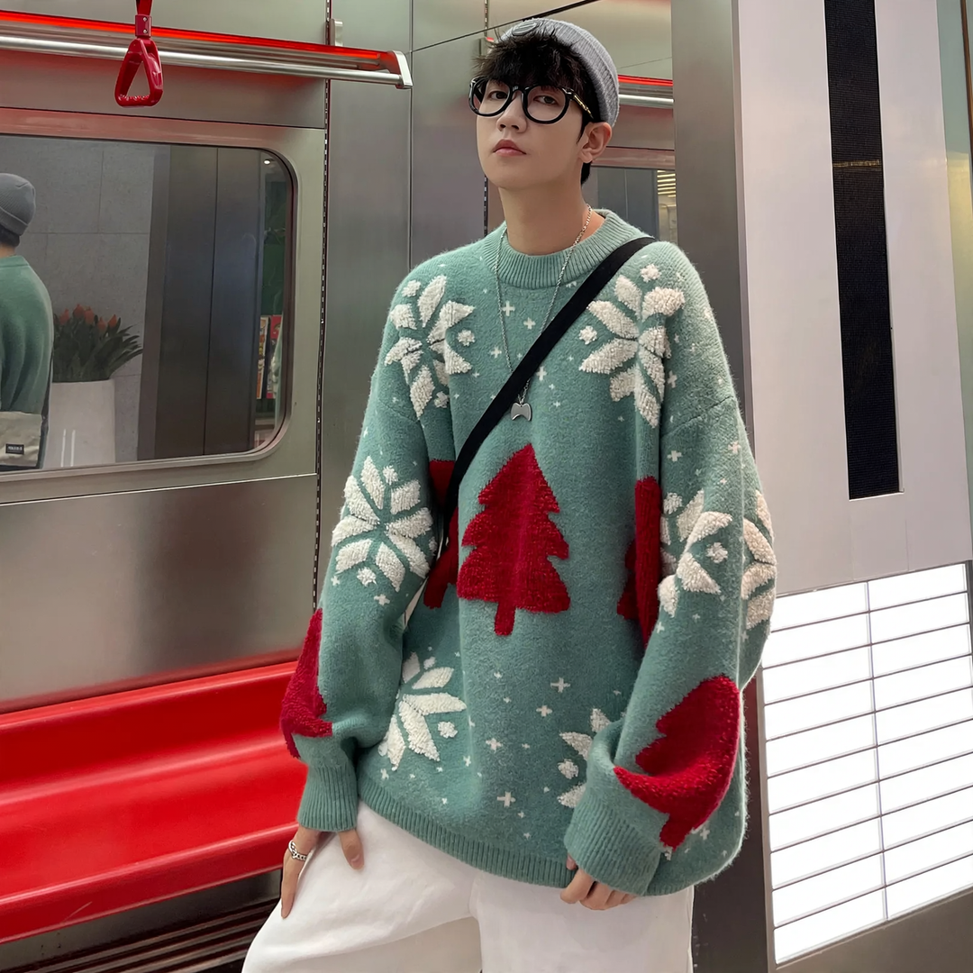 Lockerer Weihnachts-Strickpullover mit Rentier-Motiv
