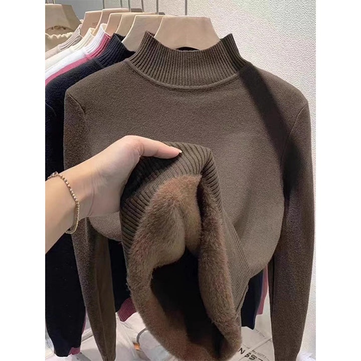 Gefütterter Damen-Strickpullover mit hohem Kragen